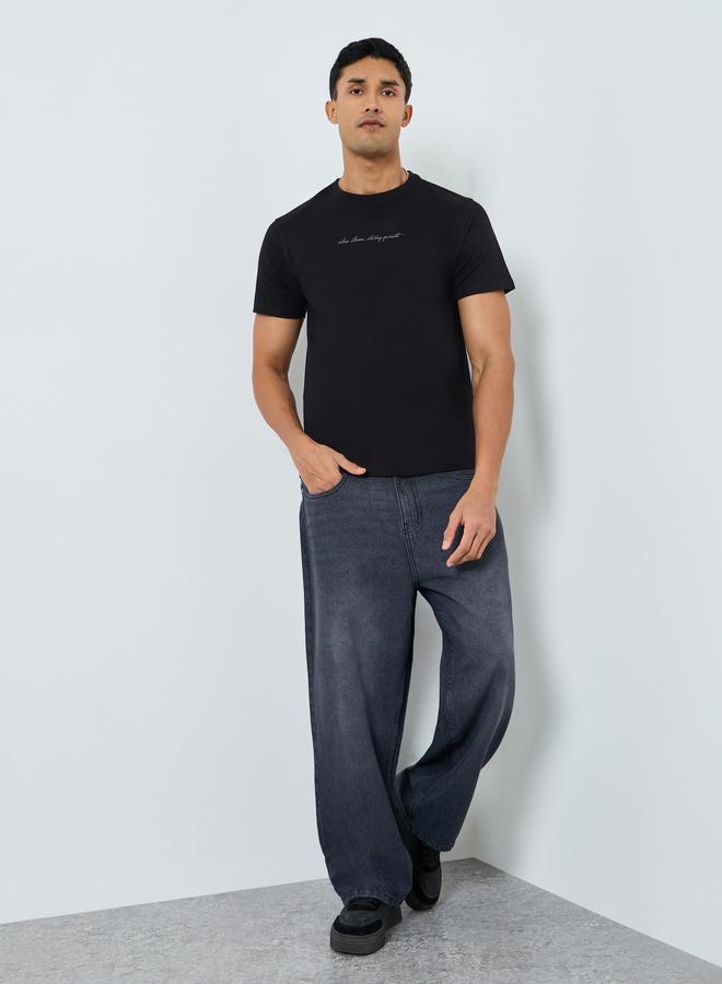 Styli Men Black Graphic Print Crew Neck T-Shirt - Image 2